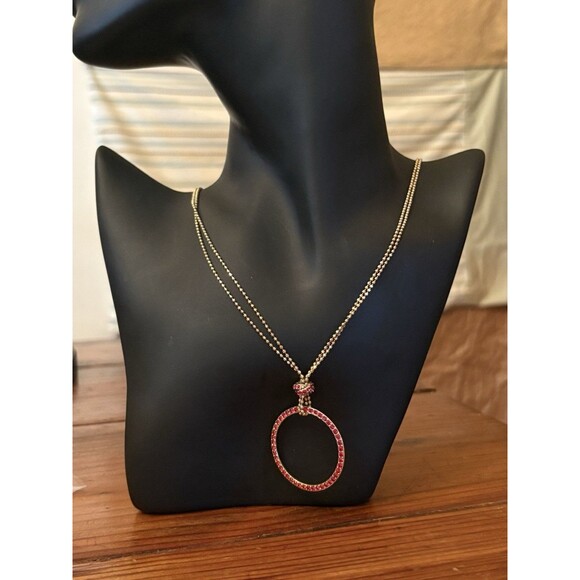 Vintage Monet Gold Tone O Pendant Necklace Red Rhinestones BEAUTIFUL! - Picture 2 of 10